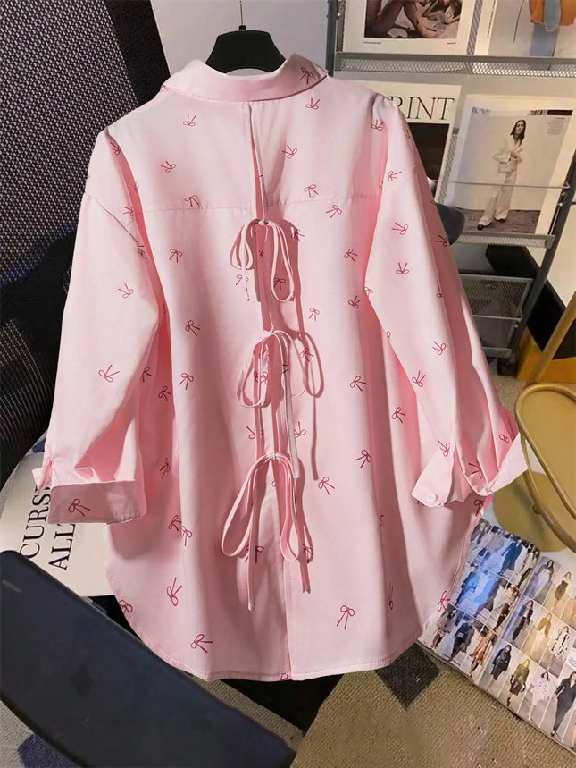 Plus Size Women's Casual and Elegant Workwear Style, Suitable for Afternoon Tea Parties, Vacations, and Beach Outings, Featuring a Bow Print Top, Simple Style, for Everyday Wear, Backless Shirt