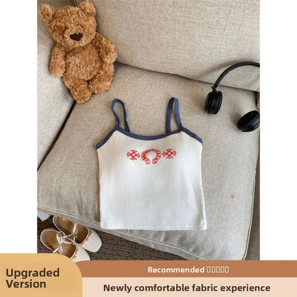 Korean Sweet Spicy Sleeveless Print Vest Women Summer Short Fit Inner Wear Strap Design Commute Top Casual Daily Girl