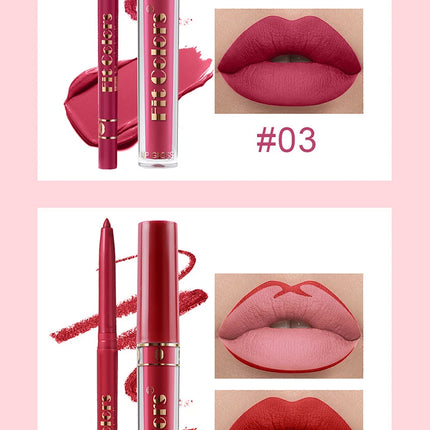 Matte Lip Gloss & Lipliner Pen Set Makeup Women Gift 24h Long-lasting Waterproof Non Stick Cup Mirror Lipstick Sexy Lips Makeup