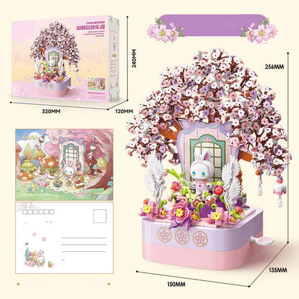 JAKI block music box Mushroom house Cherry blossom tree 3D stereoscopic painting creative decoration children's block toys