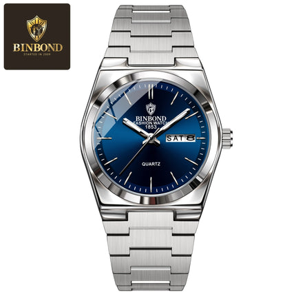 BINBOND 102 Couple Quartz Watch Men's Original Watch Waterproof Night Light Date Week Stainless Steel Men's and Women's Watch