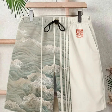 2025 Summer New 3D Japanese Wave Print Men's Street Hip-Hop Casual Shorts Men's Summer Swim Shorts Drawstring Casual Shorts