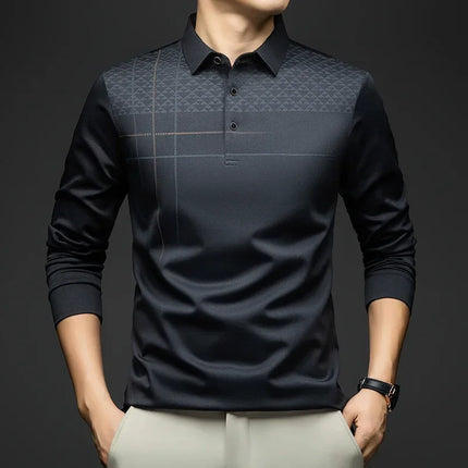 Formal Polo Tshirts Men Graphic Design Long Sleeve Shirt Collar Office Work Polo Tops Man Clothing