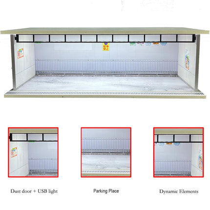 1/64 Scale Car Garage Diorama with USB LED Light Realistic Parking Lot Display Case for Model Cars & Miniature Vehicles