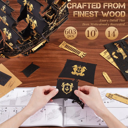 ROBOTIME 3D Wooden Puzzle  Wooden Ship Model Kits for Teens&Adults to Build Home Desk Decoration Gifts (The Seahorse Barque)