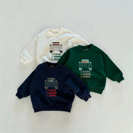 Little Car Print Sweatshirts Long-sleeved Tops Boys Child Fashion Casual Wear Round Neck Pullovers Green White Hoodie For Kids