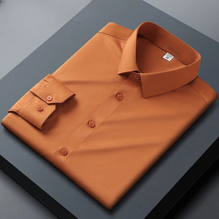 Men's Business Casual Long-Sleeved Shirt, Orange, Non-Ironing, Wrinkle-Resistant, Elastic, Solid Color, New Style