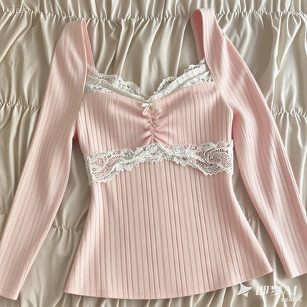 Summer Lace Patchwork Coquette T-shirt Ribbed Knit Slim Fit Milkmaid Tees Women Short Sleeve Y2k Grunge Crop Tops Aesthetic