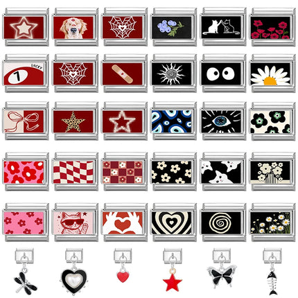 Fashion Personalized DIY Black Red Color Italian Charm Bracelet Eyes Cat Stripes Heart Bead 9mm Bracelet Stainless Steel Jewelry