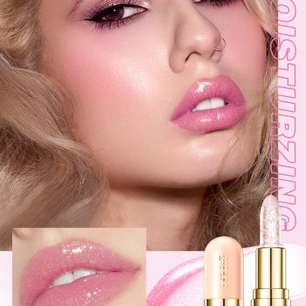 QIBEST Glitter Lipstick Lip Balm Color Change Transparent Moisturizing Crystal Jelly Pearlescent Lip Plumper Gloss Tint Cosmetic
