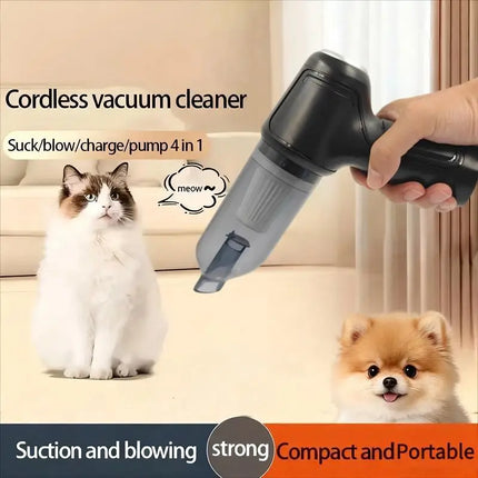 Handheld vacuum cleaner with integrated suction and blowing functions, ideal for cleaning cars, homes, offices, and pet areas.