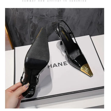 Runway Fashion YS Metal Square Toe Stiletto Heels Women's Baotou Sandals Black Pumps Color Block Glossy Design Shoes Luxury Shoe