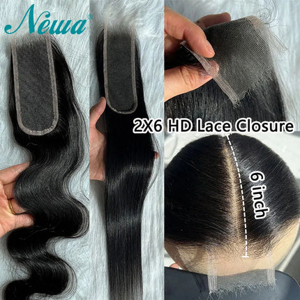 Newa Hair 2x6 Invisible HD Lace Closure Straight Human Hair Closure Deep Part Ultra Thin HD Lace Melt All Skins Kim K Closures