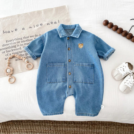 Korean Style Newborn Bodysuit Baby Jumpsuit Boy Girl Autumn Outdoors Bear Prints Denim Romper 0-2yrs