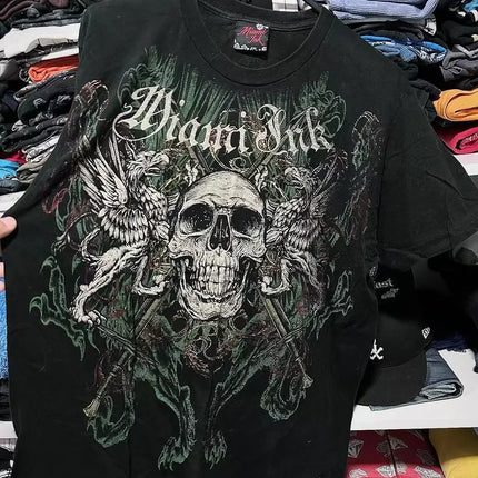 2000s affliction T-shirt Clothes Retro Punk Hip Hop Graphic Print Oversized T-shirt Men's New Round Neck Cotton Short Sleeve Tops