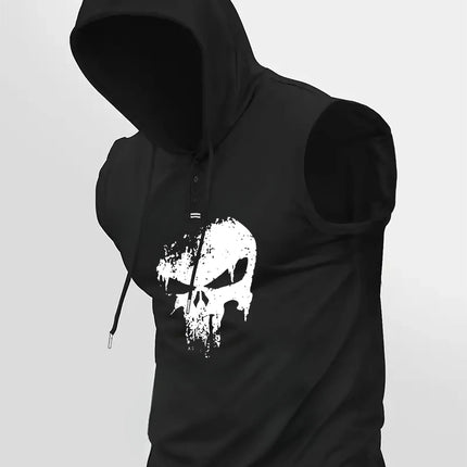 Men Skull Print Sleeveless Hoodie Gym Workout Tank Top Casual Streetwear Loose Fit Vest