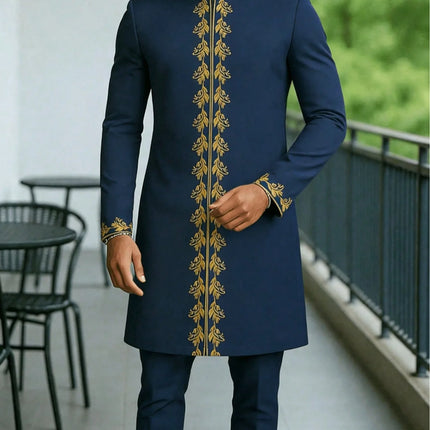 New Dashiki Men's Set Grey Round Neck Long Sleeve Luxury Brand Men's Suit Casual Slim Fit Men's Set Wedding Evening Suit
