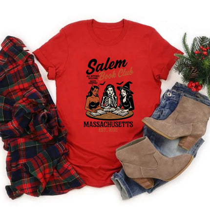 Witchy Book Club T-Shirt Spooky Girl Reading T-shirt Book Lover Halloween T-shirt Casual Women Graphic T-shirts Witches Salem Tee