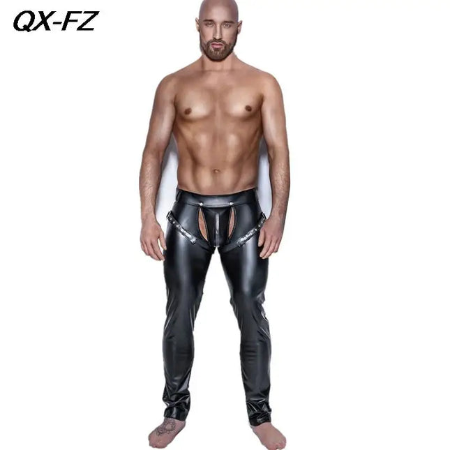 Erotic Men Faux PU Leather Pants Male Wetlook Latex Trousers Open Front Exotic Clubwear Gay Fetish PVC Pants Clubwear Costume