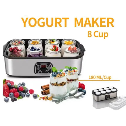 AC93-Automatic Adjustable Temperature Time Yogurt Maker With 8 Glasses Professional Ice Cream Pudding Machine UK Plug
