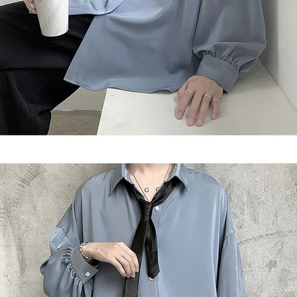 Korean Style Men's Long-sleeved Shirts Black Tie Cozy Casual Solid Oversize Blouses Breathable Loose Shirt Harajuku Male Clothes
