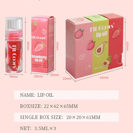 Hydrating Transparent Lip Gloss 3 Piece Set Fruit Scented Lip Oil with Avocado Strawberry and Peach for Soft Smooth Lips