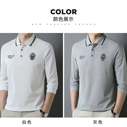New Men's Long-sleeved Cotton Polo Shirt Fashion Embroidery Casual Bottom Pullover Shirts Tops Men's Clothing