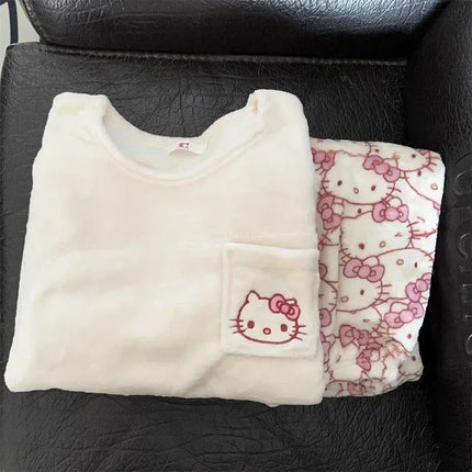 Kawaii Sanrio Hello Kitty Pajamas Cartoon Soft Plush Female Flannel Winter New Plus Velvet Thick Sweet Warm Tracksuit