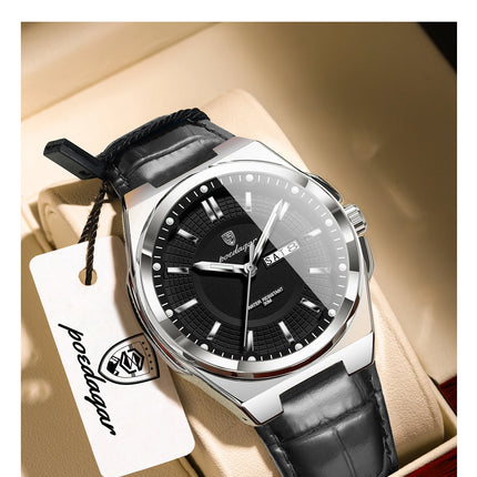 POEDAGAR Trendy Sport Men's Wristwatch Waterproof Luminous Date Week Business Fashion Men's Quartz Watches Leather Men's Watch Reloj
