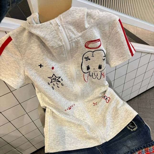 Summer Cartoon Printing Japanese Women Hoodies Preppy Style Rabbit's Ears Hooded Tops Y2K Aesthetic Slim Fit Tees Grunge