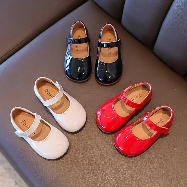 ‌Plain Patent Leather Ballet Flats for Baby Girls  Concise Round-Toe Mary Jane Shoes  Red/White Kids Soft Sole