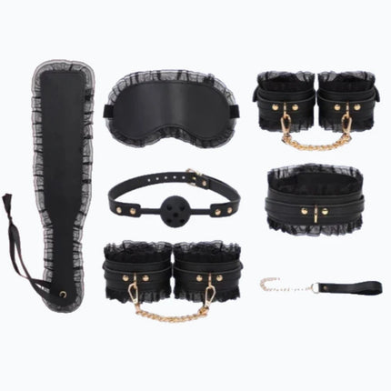 Sexy Lace Hand and Foot Cuffs with Leash Collar Bondage Seven-Piece Set Maid Training Props Couple Role-Play Intimate Toys 18+