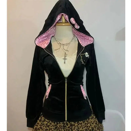2025 American Retro Black Letter Embroidered Vintage Zipper Hoodie Women Gothic Punk Casual Slim Patchwork Sweatshirt Jackets