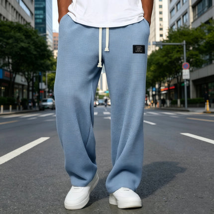 Men Breathable Waffle Knit Wide Leg Sweatpants Drawstring Label Decor Loose Straight Casual Street Sports Trousers