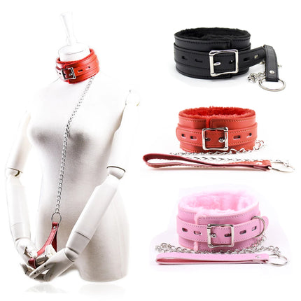 Faux Leather Plush Neck Choker Furry Collar with Metal Chain Drag Leash Lockable Harness BDSM Bondage Restraints  Sex Toys