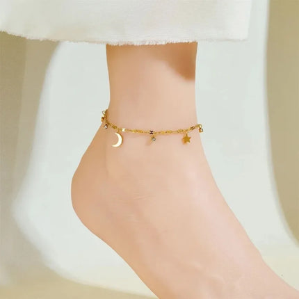 Hot Sell Exquisite Gold Color Stainless Steel Small Round Zircon Star Moon Pendant Anklets for Woman Korean Summer Beach Jewelry