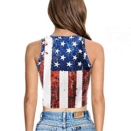Nadanbao Women's Vest Summer Casual American Flag Tie Dyeing Cropped Tight Sleeveless T-Shirt Streetwear Crop Tops Y2K Tees