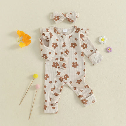 Toddler Baby Girl Floral Jumpsuit with Headband 2Pcs Clothing Knitted Set Children Long Sleeve Bodysuits Kids Sleepwear Overall