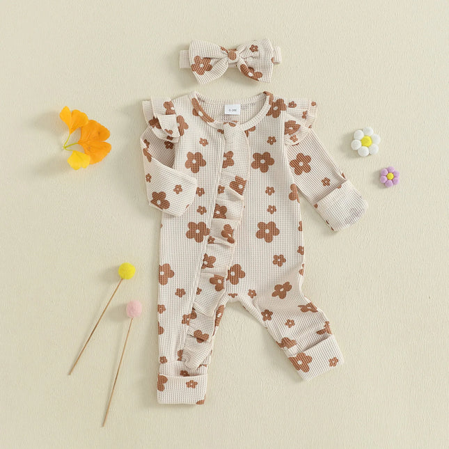 Toddler Baby Girl Floral Jumpsuit with Headband 2Pcs Clothing Knitted Set Children Long Sleeve Bodysuits Kids Sleepwear Overall
