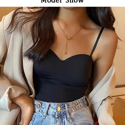 202New Solid Color Women's White Top Sleeveless Thin Straps Camisole Summer Tank Top with Cups Summer Ice Silk Comfortable Sling