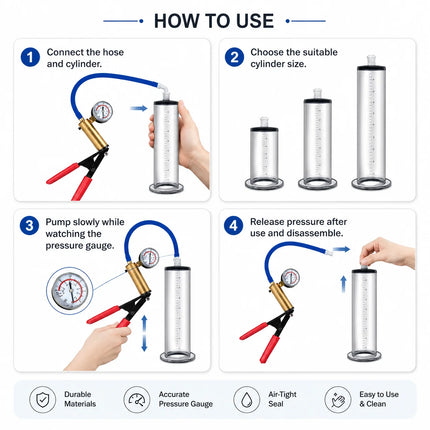 Male Vacuum Pump Sex Toy with Clear Measuring Cylinder Blue Hose Red Handle Gauge and Man Masturbation Training Device