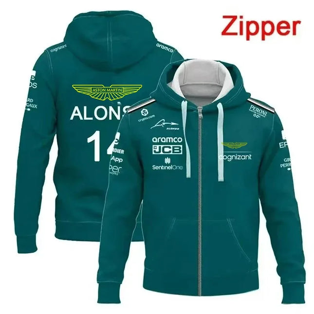 Aston Martin Fernando Alonso Men's Women's Hooded Zip-Up Sweatshirt, Essential for Racers, Spring/Summer 2026 Collection