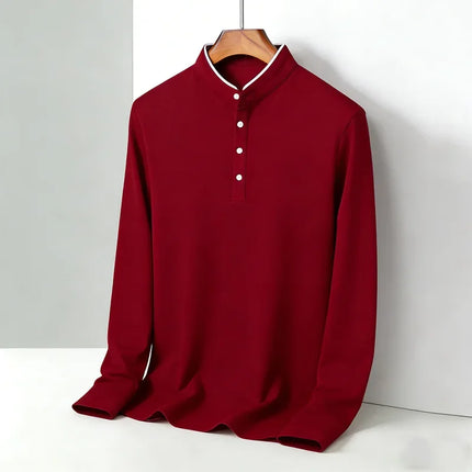 Fashion Men's Contrast Trim Mandarin Collar Polo Shirt Long Sleeve Breathable Casual Daily Wear Top