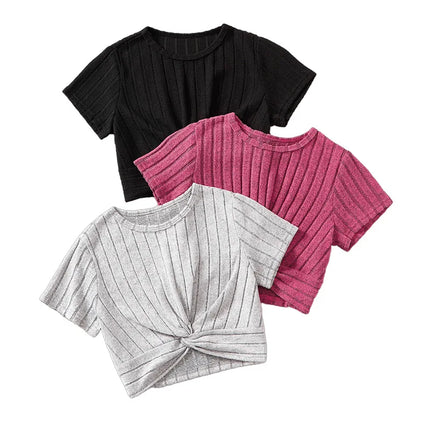 Spring/Summer Girl Big Boy Girl Casual Cute Solid Color Round Neck Short Sleeve Three Piece Set