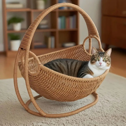 Cat Hammock with Bracket Indoor Hanging Pet Beds for Cats and Small Pets Weight Bearing 6.61 Pounds (3 Kilograms) Rattan/Winter