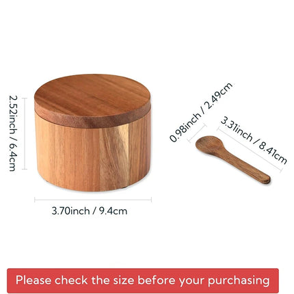 Acacia Wood Salt and Pepper Bowl Box with Lid and Spoon Acacia Salt Cellar with 360° Swivel Lid Spice Seasoning Container JT509