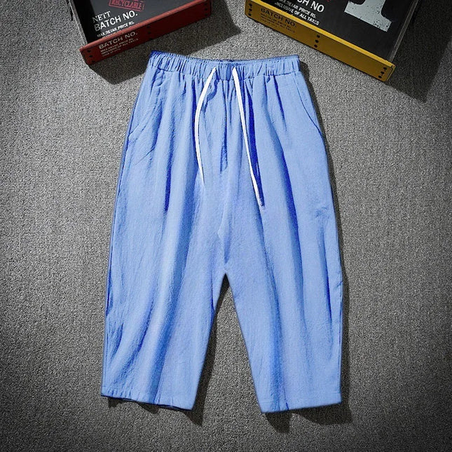 Summer Men's Casual Shorts Cotton Blended Long Elastic Waist Loose Pocket Drawstring 3/4 Length Shorts Daily Street Wear