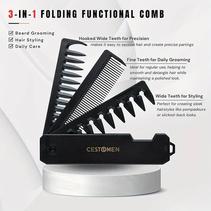 3-in-1 Folding Beard Comb for Men, Beard Comb Brush, Mustache Comb, Hair Styling Tool, Portable Travel Grooming Kit,Gift for Him