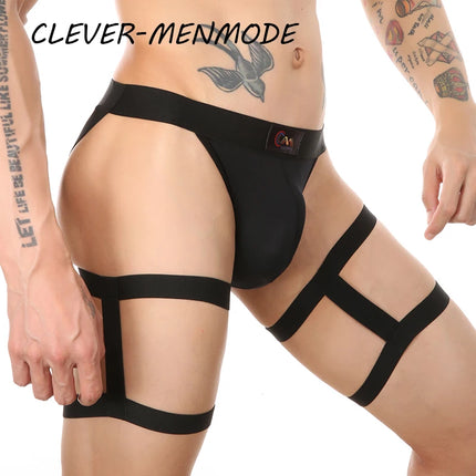 men Sexy Open Crotch G-String Garter Thong Erotic T-Back Jockstrap Leg Harness Lingerie Leg Strap Penis Pouch Metal Ring Panties