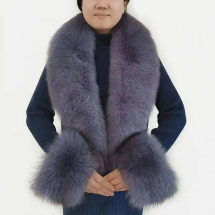Winter Natural Fox Fur Scarf And Cuff Set Women Jacket Fur Collar Authentic Neck Warm Scarves Luxury Fluffy Fox Fur Shawl